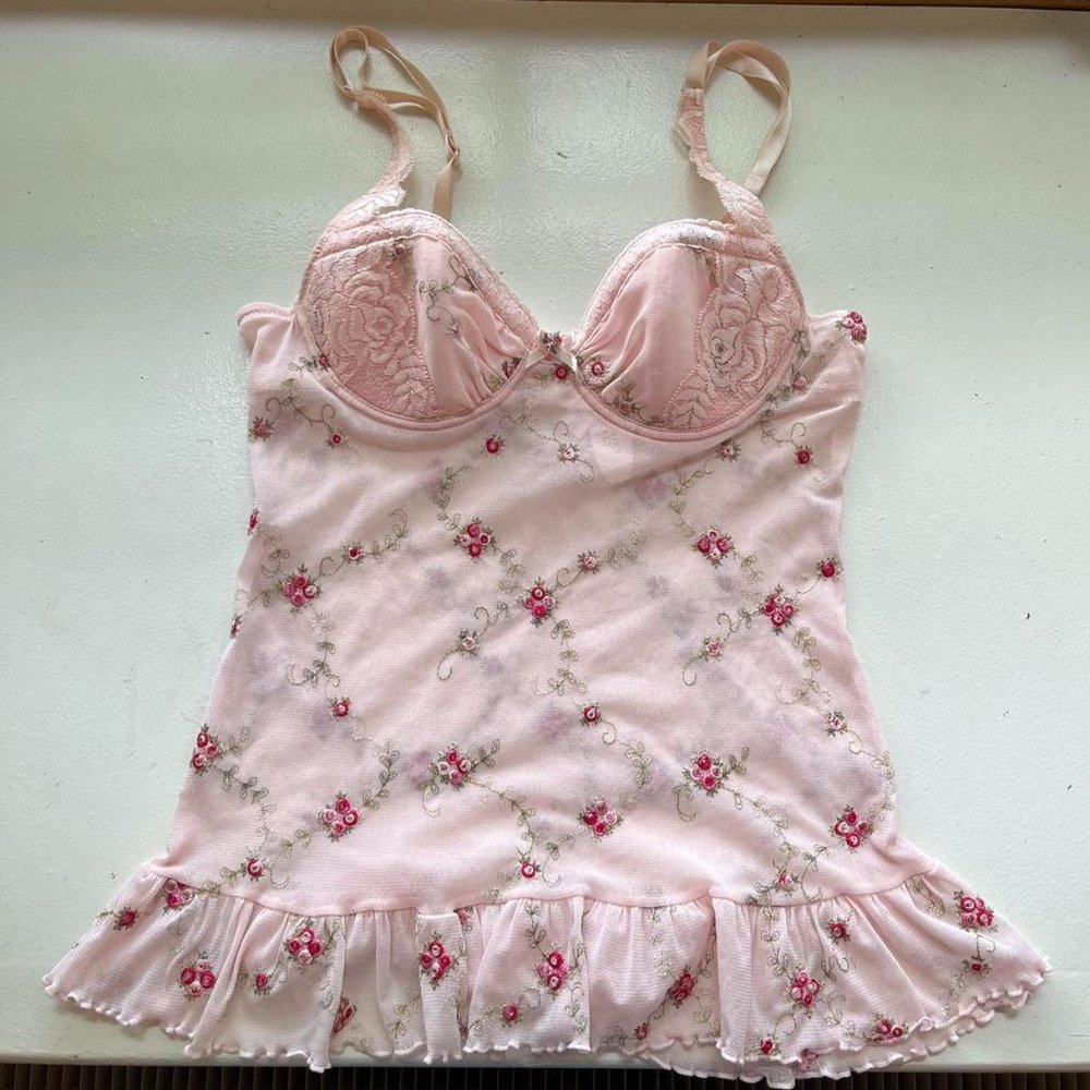 Rare Victoria’s Secret Y2K Pink Fairy Floral Embroidered Mesh Bustier Cami